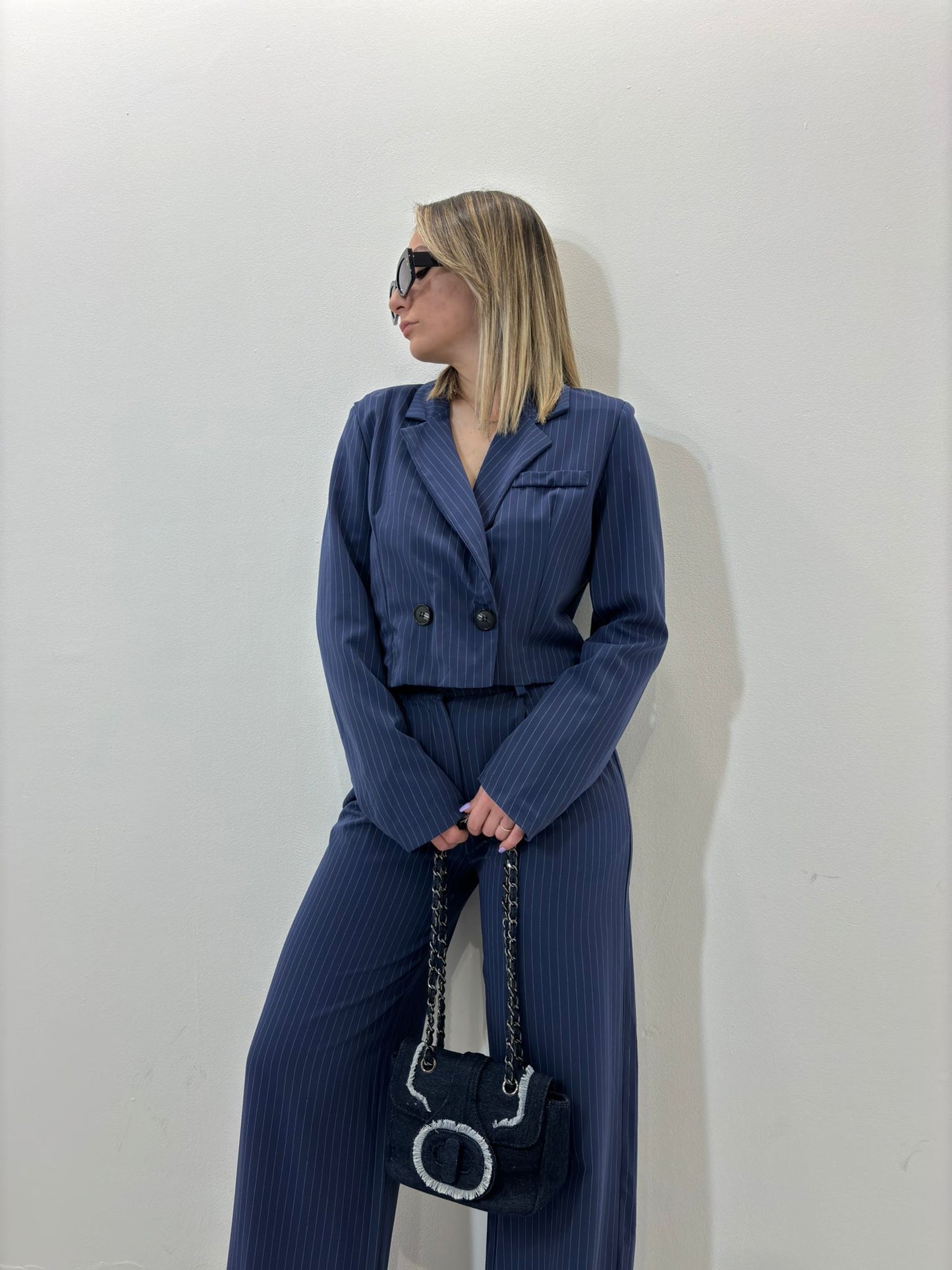 Mini tailleur gessato blù