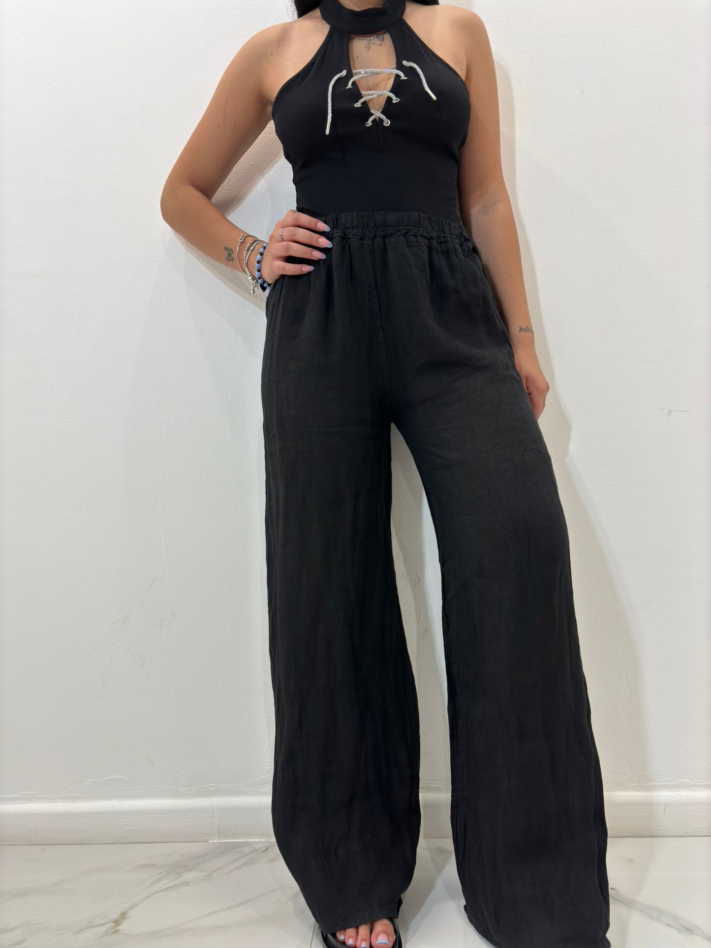 Pantalone basic in lino nero