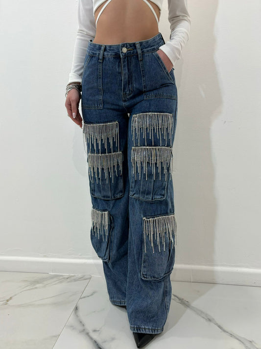 Jeans cargo con strass