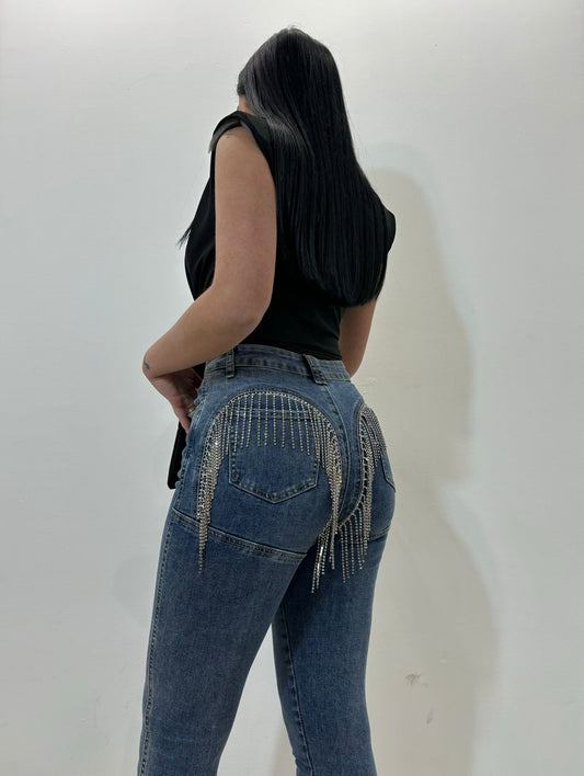 jeans cascata strass